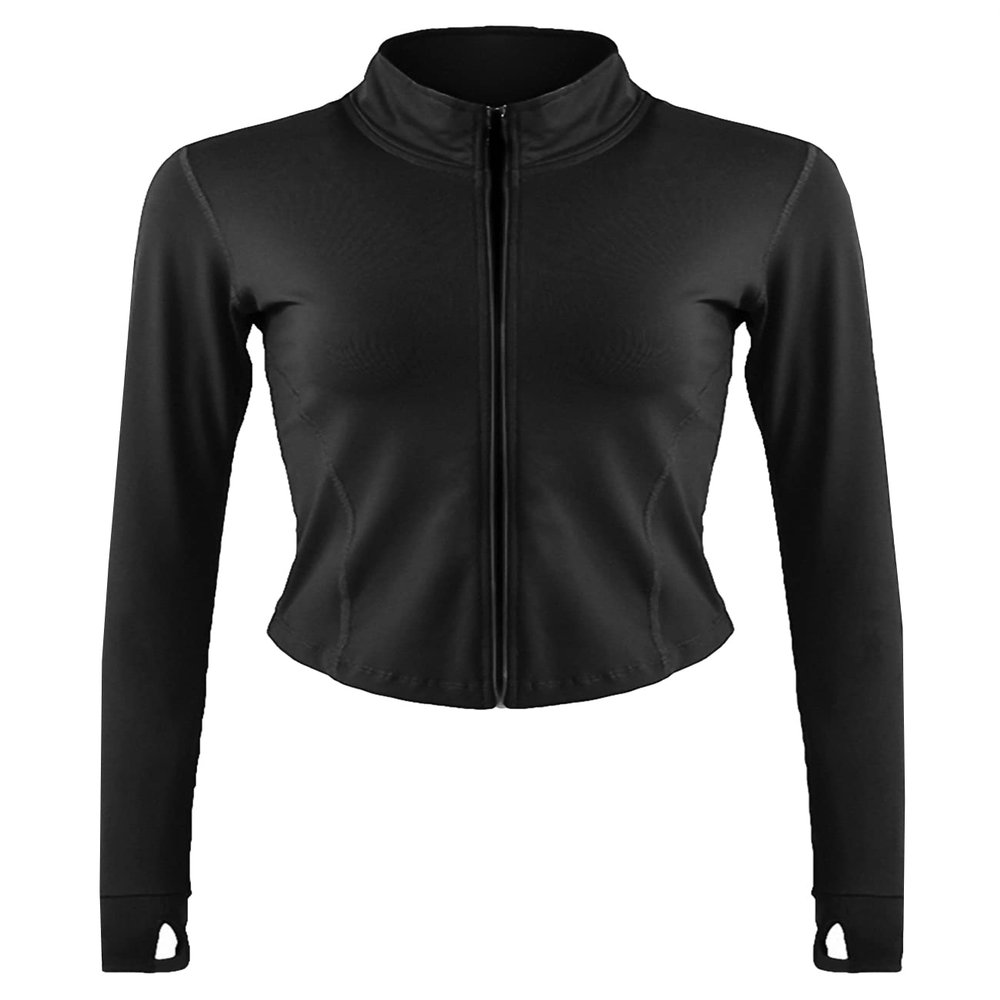 Flygo Women's Seamless Slim Athletic Full Zip Lightweight Workout Jacket with Thumb Holes(02 Black-M)