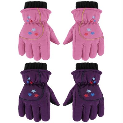 Hicarer 2 Pairs Kids Mittens Children Winter Snow Waterproof Thick Warm Windproof Gloves for Girls Boys(Pink and Dark Purple,5-8 Years,Star Style)
