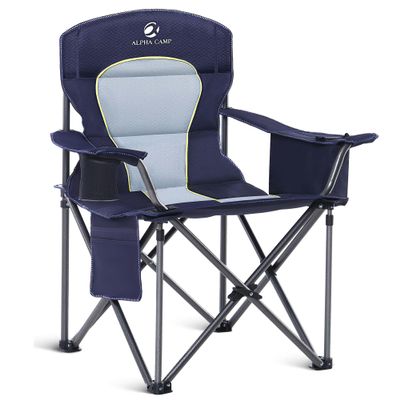 ALPHA CAMP Oversized Camping Chair Heavy Duty Lawn Chair with Cooler Bag Support 450 LBS Steel Frame Collapsible Padded Arm Folding Chair for Outdoor,Blue