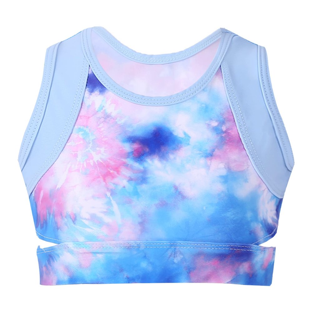 Daenrui Kids Girls Tie Dye Sleeveless Cutouts Waist Active Tank Crop Top Dance Workout Athletic Shirts Tops Sky Blue 12 Years