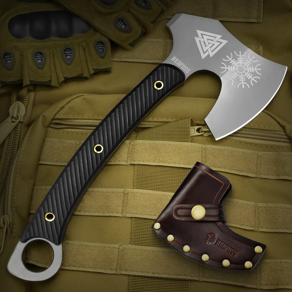 NedFoss 12.2" Tactical Tomahawk Axe with Leather Sheath, G10 Handle, Heavy Duty Full Tang Viking Axe with 4.3" Titanium Coated Blade, Viking Bearded Tomahawk Hatchet for Outdoor Survival