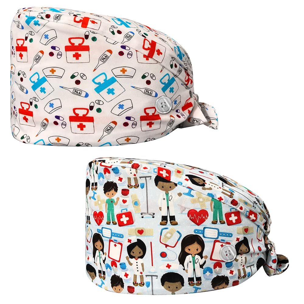 niaahinn Scrub Caps Women Dental Working Cap with Buttons Sweatband Adjustable Hats Tie Back Hats Headwear Fashion Printed Unisex (22240-2241)