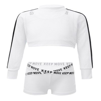 Daenrui Kids Girls Dance Outfits Mesh Fishnet Cropped Sweatshirt Top and Shorts Hip Hop Street Dance Clothes White 6 Years