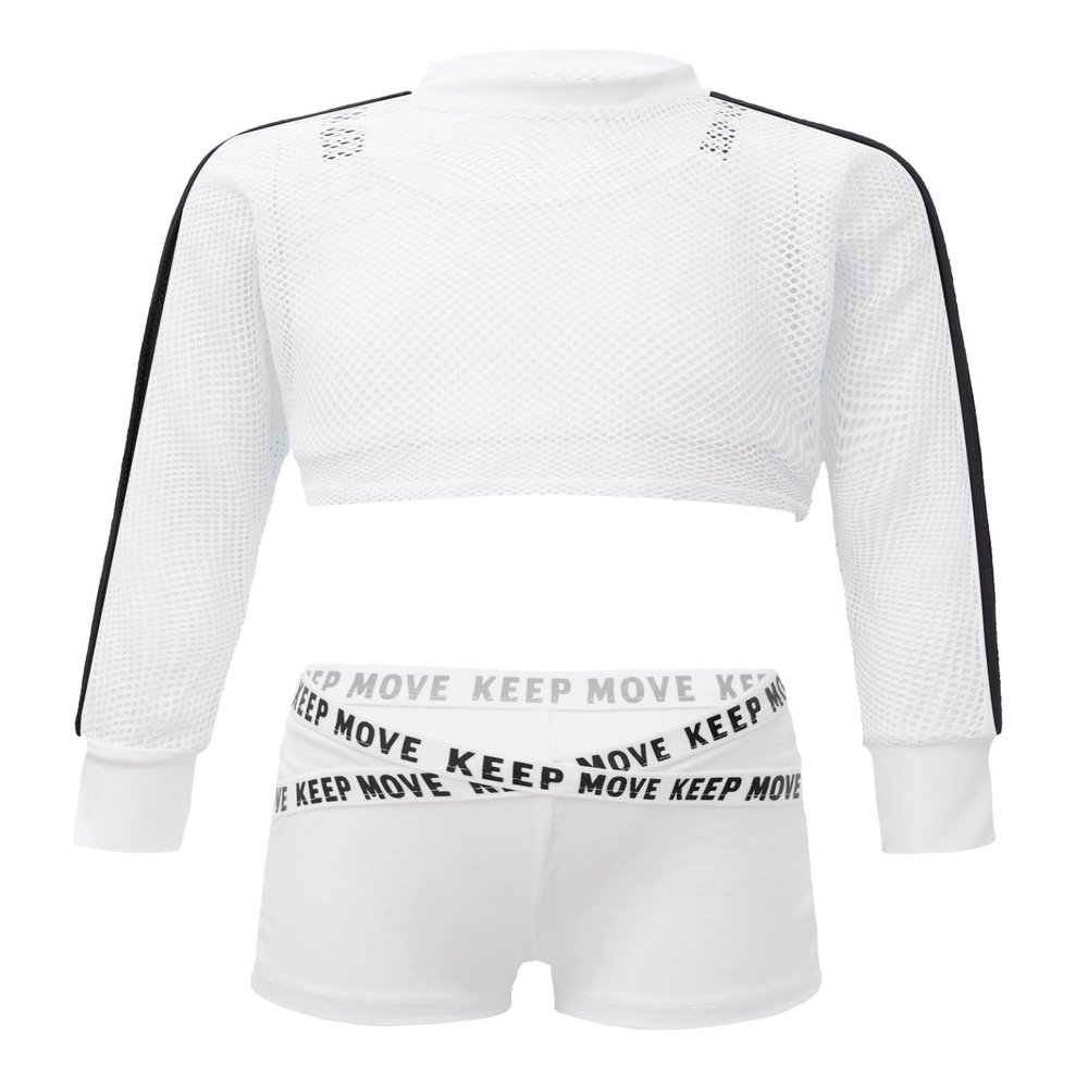 Daenrui Kids Girls Dance Outfits Mesh Fishnet Cropped Sweatshirt Top and Shorts Hip Hop Street Dance Clothes White 6 Years
