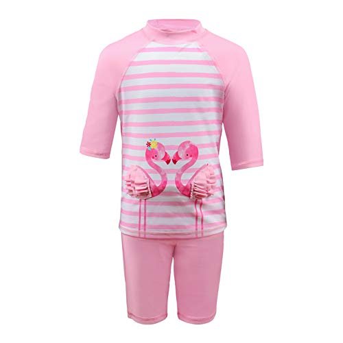 Julysand Toddler Girls Rash Guard Sets 3D Flamingo Swimsuit Pink Striped Two Piece Modest Swimwear Sun Protection Suit
