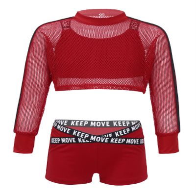 Daenrui Kids Girls Dance Outfits Mesh Fishnet Cropped Sweatshirt Top and Shorts Hip Hop Street Dance Clothes Red 14 Years