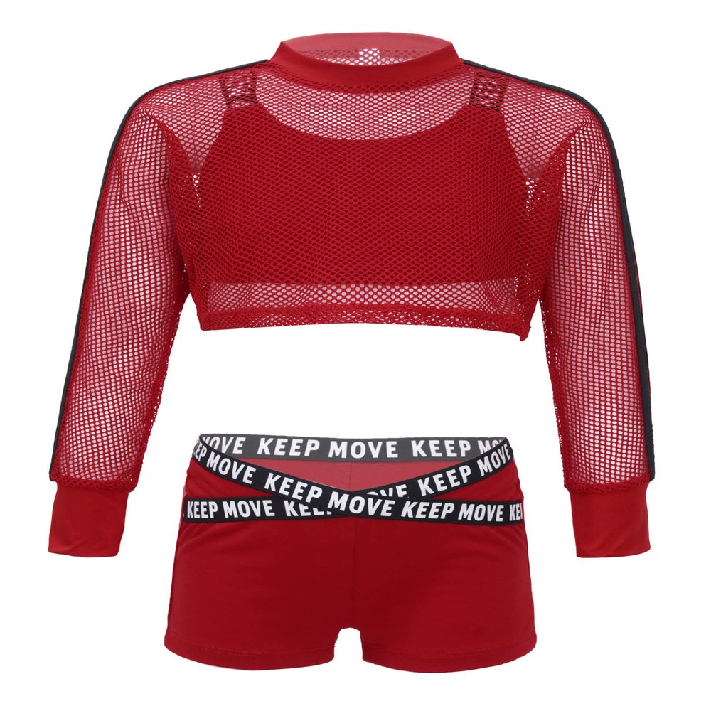Daenrui Kids Girls Dance Outfits Mesh Fishnet Cropped Sweatshirt Top and Shorts Hip Hop Street Dance Clothes Red 14 Years