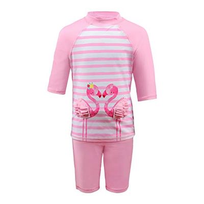 Julysand Toddler Girls Rash Guard Sets 3D Flamingo Swimsuit Pink Striped Two Piece Modest Swimwear Sun Protection Suit