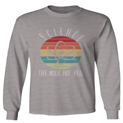 Sciense Like Magic but Real Funny Teacher Chemistry Scientist Retro Men's Long Sleeve t Shirt (Light Gray Large)