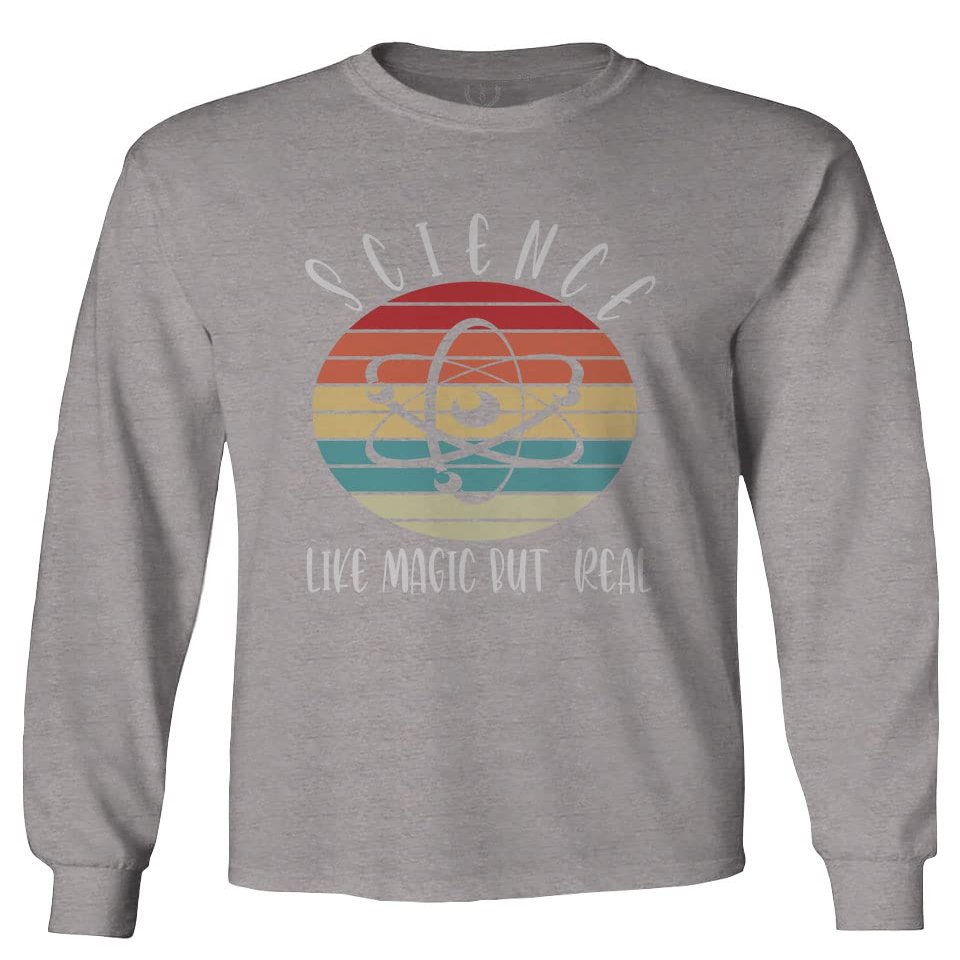 Sciense Like Magic but Real Funny Teacher Chemistry Scientist Retro Men's Long Sleeve t Shirt (Light Gray Large)