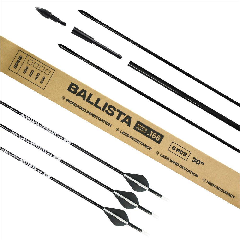 BALLISTA FRACTURA Hunting Micro Diameter Arrows for Compound and Recurve Archery Bow - Carbon 30", OD 6mm, Spine 500-6pcs