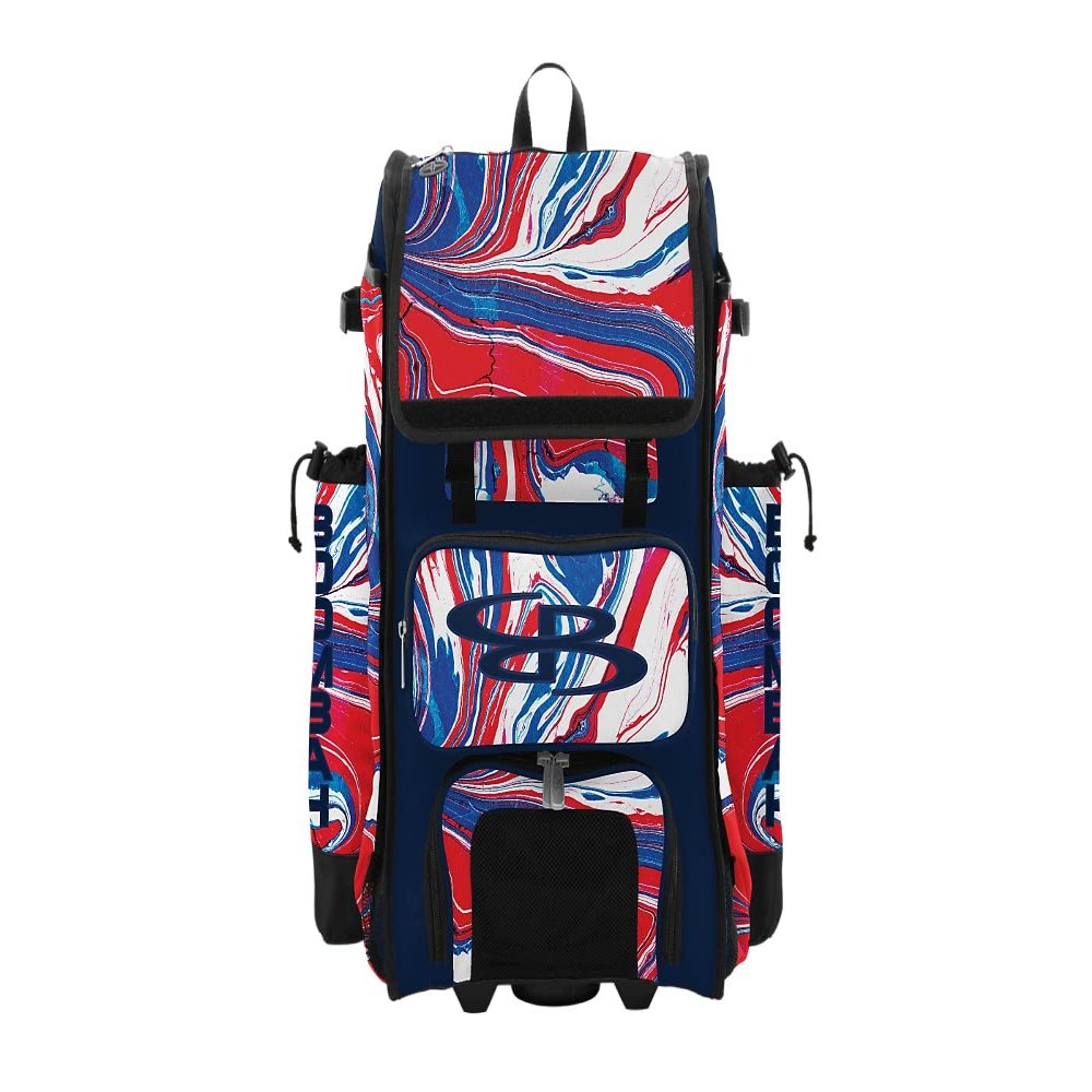 Boombah Rolling Catchers Superpack Baseball/Softball Gear Bag - 23-1/2" x 13-1/2" x 9-1/2" - Flow 2 Navy/Red/White - Telescopic Handle - Holds 4 Bats - Wheeled Version
