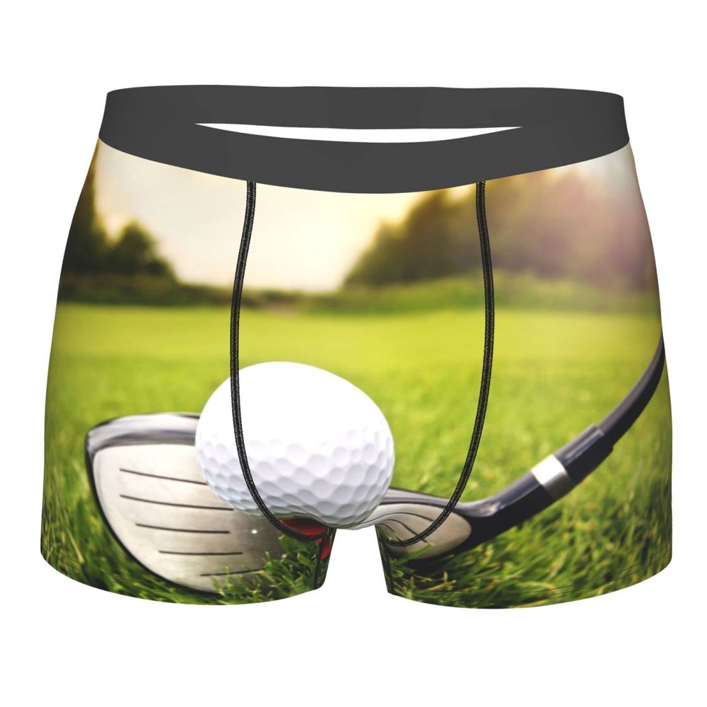 AKICLIA Novelty Printed Men's No-fly Boxer Briefs,Golf Club Ball Grass Mens Underwear Boxer Trunks Skin-friendly Breathable Cozy Wide Belt Boxer Shorts for Adult Man Boys,L