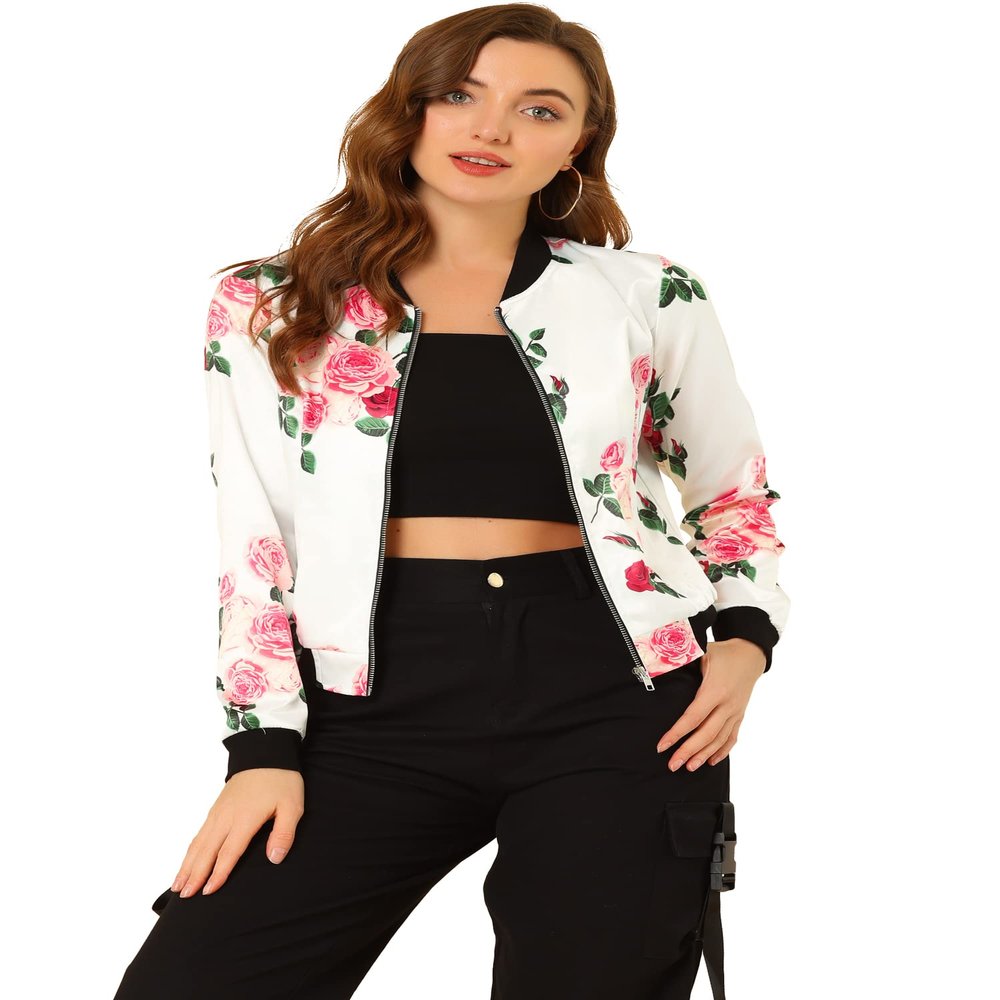 Allegra K Women's Bomber Jacket Satin Long Sleeve Zipper Floral Print Casual Fall Coat with Pocket Winter Outwear X-Large White Pink