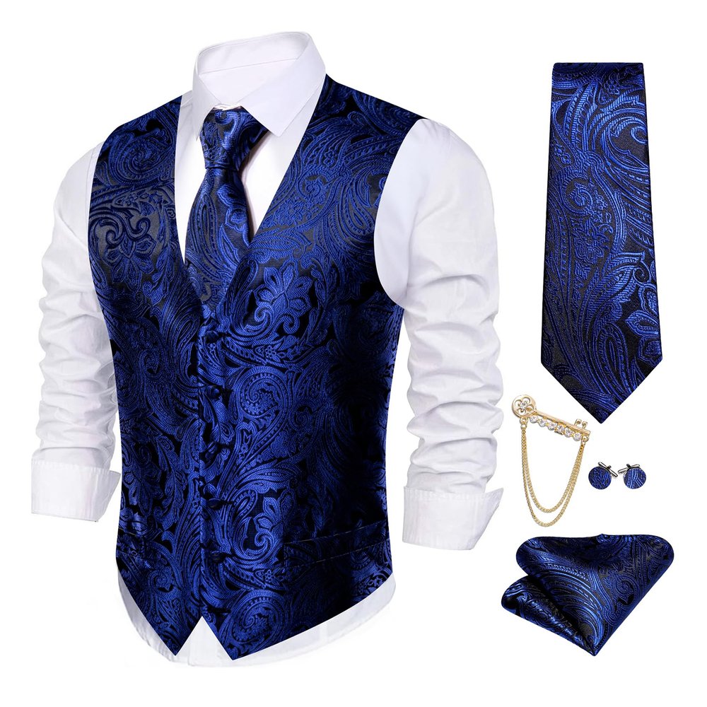 Barry.Wang Mens Royal Blue Suit Vest Paisley Jacquard Silk Ties Handkerchief Cufflinks Waistcoat Set Wedding Tuxedo 5PCS
