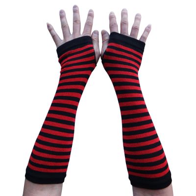 SYAYA Women Striped Long Fingerless Gloves, Winter Knitted Arm Warmers For Punk Rock/Cosplay/Goth/Christmas Party WM-S-G5 (Crimson & Black)