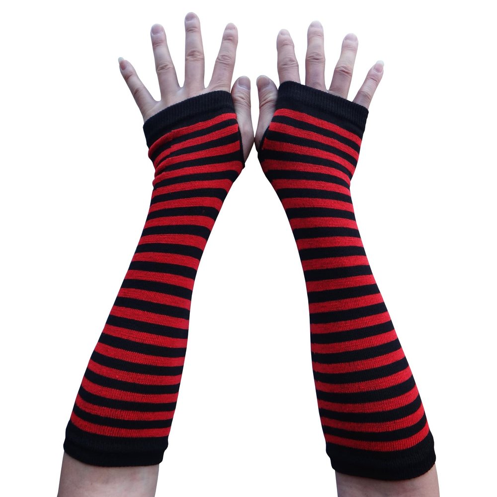 SYAYA Women Striped Long Fingerless Gloves, Winter Knitted Arm Warmers For Punk Rock/Cosplay/Goth/Christmas Party WM-S-G5 (Crimson & Black)