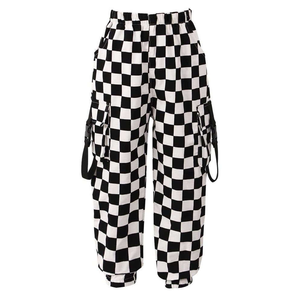 JanJean Kids Girls Jazz Hip Hop Dance Pants Elastic Waist Plaid Joggers Sweatpant Drawstring Pants Streetwear Sport Trouser Type B Black 7-8 Years