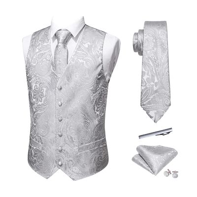 Barry.Wang Mens Silver Suit Vest Paisley Jacquard Silk Ties Handkerchief Cufflinks Waistcoat Set Wedding Party Tuxedo 5PCS