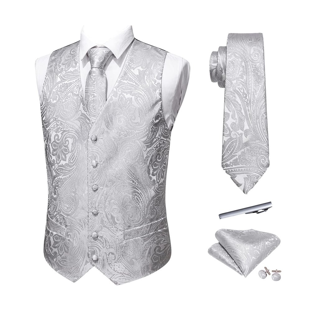 Barry.Wang Mens Silver Suit Vest Paisley Jacquard Silk Ties Handkerchief Cufflinks Waistcoat Set Wedding Party Tuxedo 5PCS