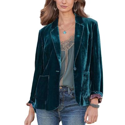 Women Winter Velvet Blazer Basic One Button Front Lapel Suit Jacket Green