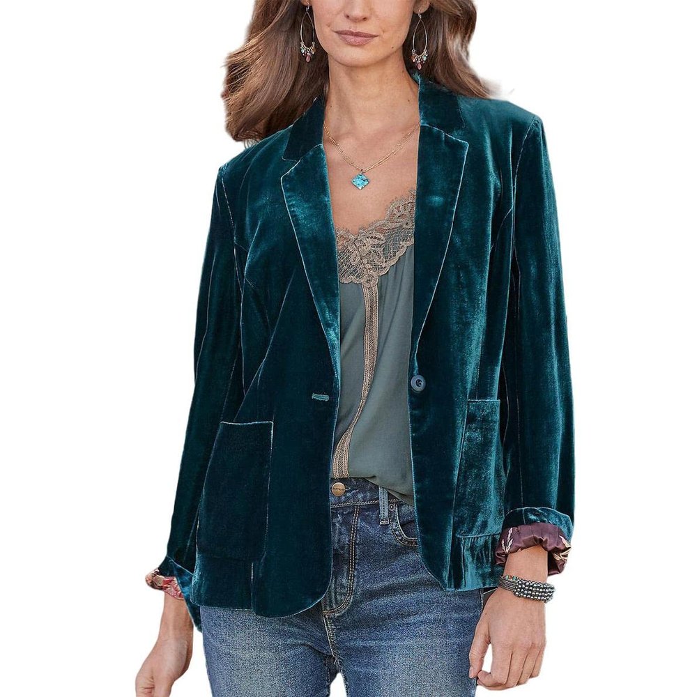 Women Winter Velvet Blazer Basic One Button Front Lapel Suit Jacket Green
