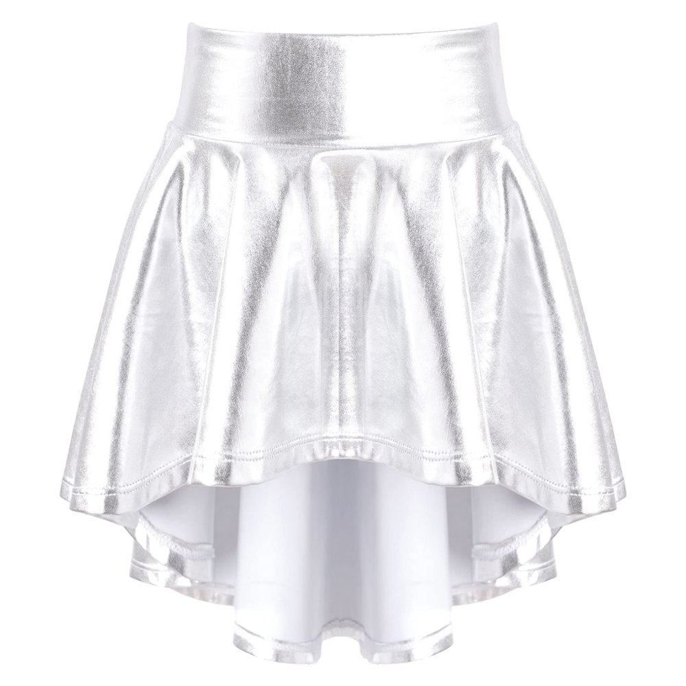 easyforever Kids Girls Shiny Metallic Ballet Dance Mini Skirts High Waisted Pleated Skater A-Line Flare Skirts Skort Silver 6 Years