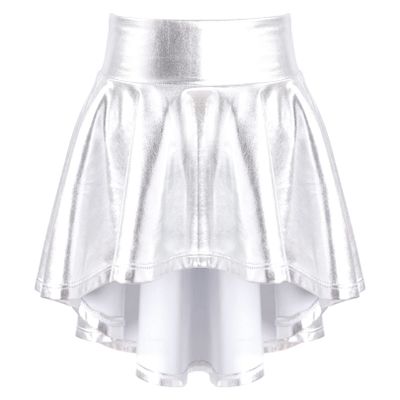 easyforever Kids Girls Shiny Metallic Ballet Dance Mini Skirts High Waisted Pleated Skater A-Line Flare Skirts Skort Silver 10 Years