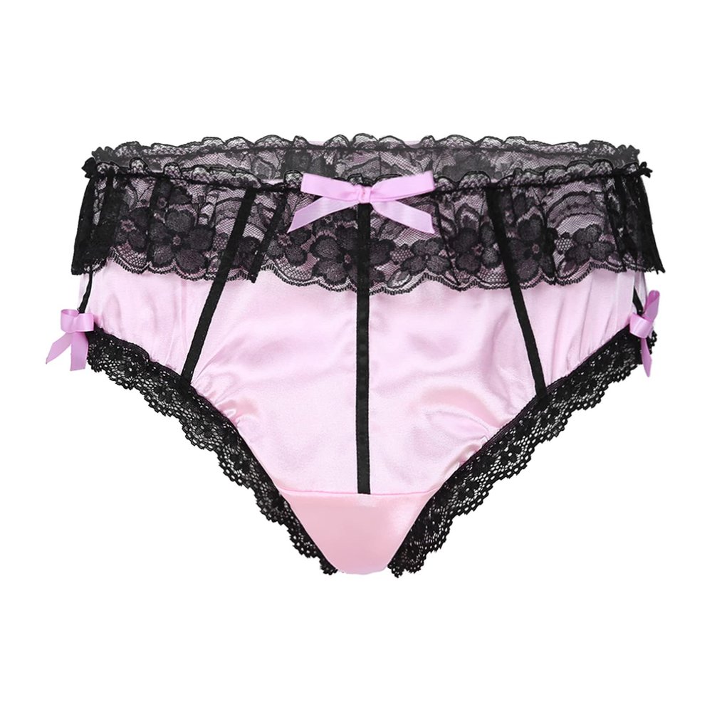 iiniim Mens Sissy Panties Lace Trim Bowknot Lingerie Satin Briefs Underwear Girly Underpanties Pink X-Large