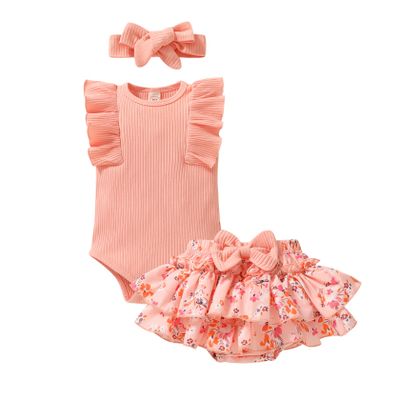 Tiny Cutey Baby Girl Clothes Infant Summer Outfits Set Ruffle Sleeve Romper and Floral Shorts with Headband (Pink Romper and Ruffle Shorts, 12-18 Months)