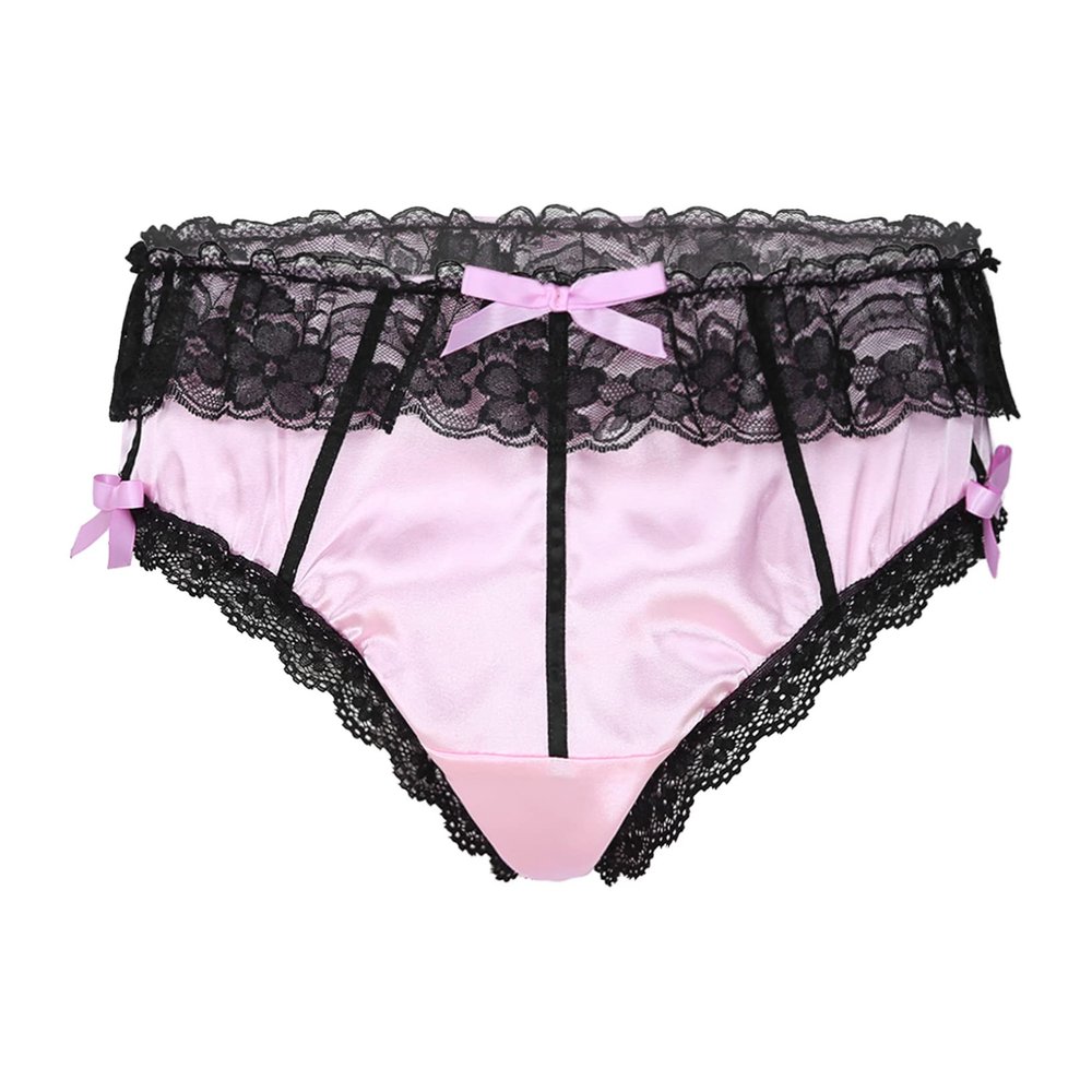 LiiYii Men's Shiny Satin Lace Bikini Briefs Sissy Pouch Panties Knickers Crossdress Underwear Pink Large