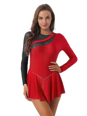 ACSUSS Women's Figure Skating Dress Mesh Patchwork Long Sleeved Ice Skating Skirt Competition Dresses #2 Red&Black Large