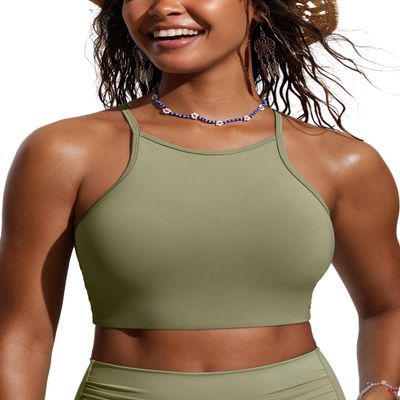 CRZ YOGA Women's Bikini Tops High Neck Swimsuit Racerback Padded Bathing Suit Sexy Swimwear Moss Green X-Large