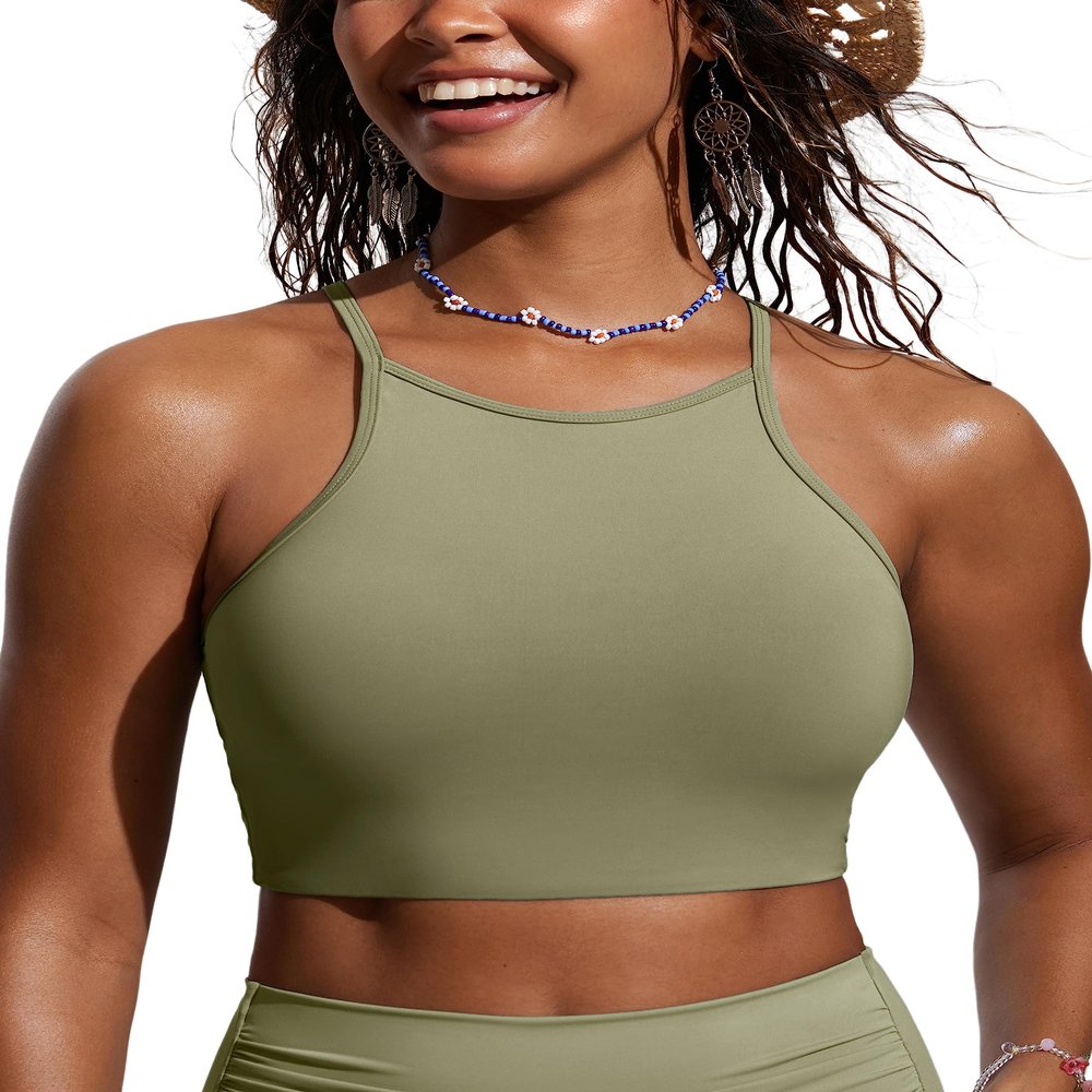 CRZ YOGA Women's Bikini Tops High Neck Swimsuit Racerback Padded Bathing Suit Sexy Swimwear Moss Green X-Large