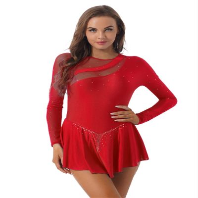 ACSUSS Women's Figure Skating Dress Mesh Patchwork Long Sleeved Ice Skating Skirt Competition Dresses #2 Red Large