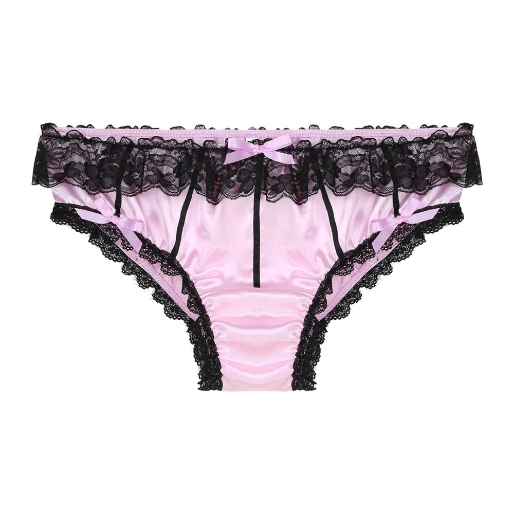 YONGHS Men's Feminine Panties Silky Satin Thong Sissy Knickers Panties French Maid Crossdress Briefs Pink XX-Large