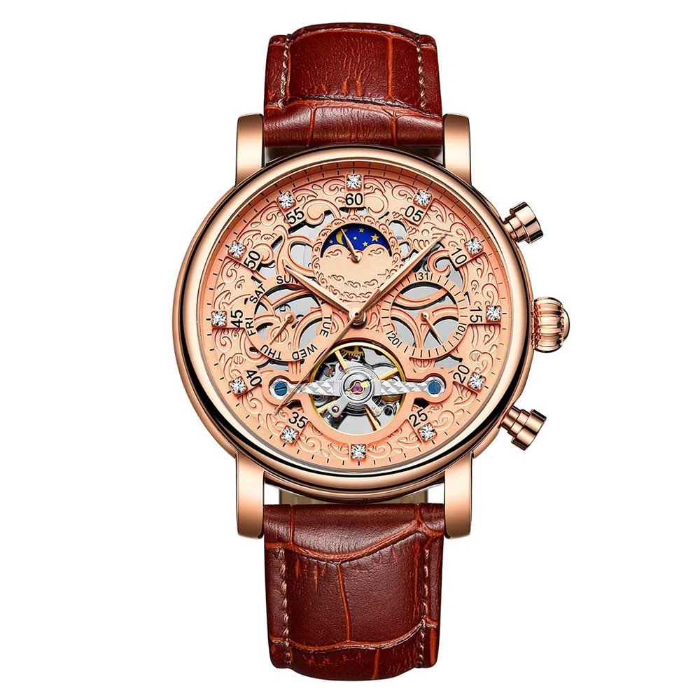 SHATONG Round Automatic Mechanical Movement Men's Watch Multi-dial Waterproof Watch with Leather Strap