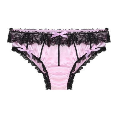 YONGHS Men's Feminine Panties Silky Satin Thong Sissy Knickers Panties French Maid Crossdress Briefs Pink Large