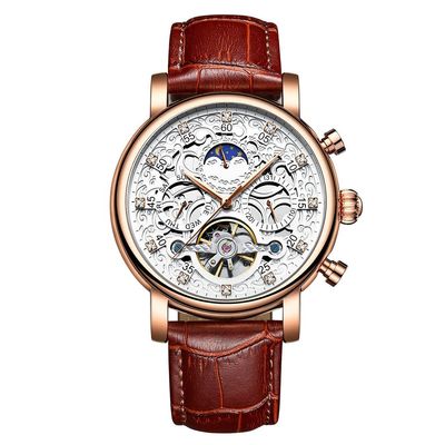 SHATONG Round Automatic Mechanical Movement Men's Watch Multi-dial Waterproof Watch with Leather Strap