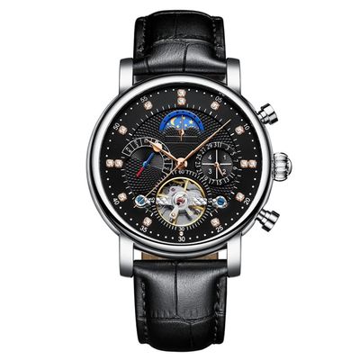 SHATONG Round Automatic Mechanical Movement Men's Watch Multi-dial Waterproof Watch with Leather Strap