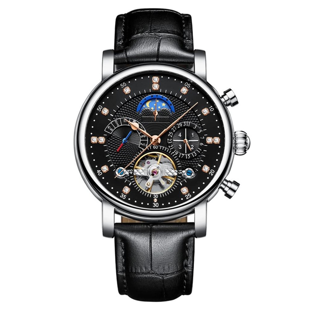 SHATONG Round Automatic Mechanical Movement Men's Watch Multi-dial Waterproof Watch with Leather Strap