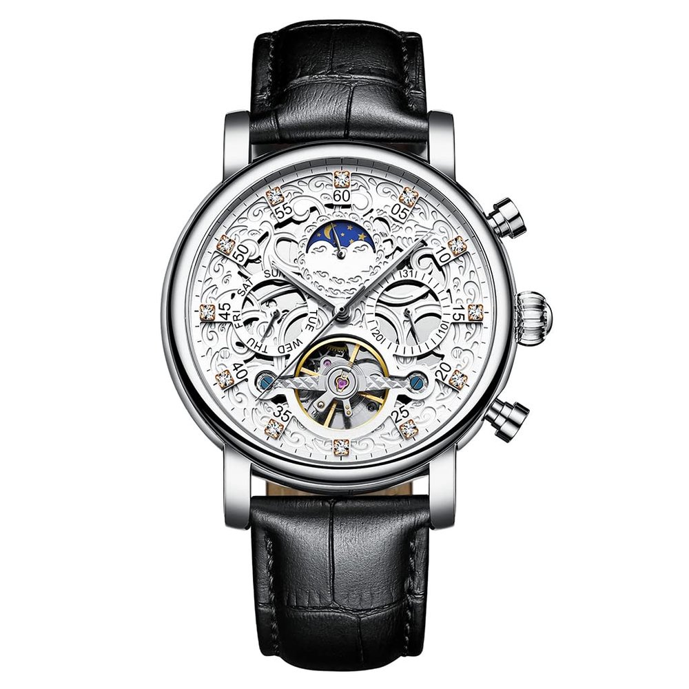 SHATONG Round Automatic Mechanical Movement Men's Watch Multi-dial Waterproof Watch with Leather Strap