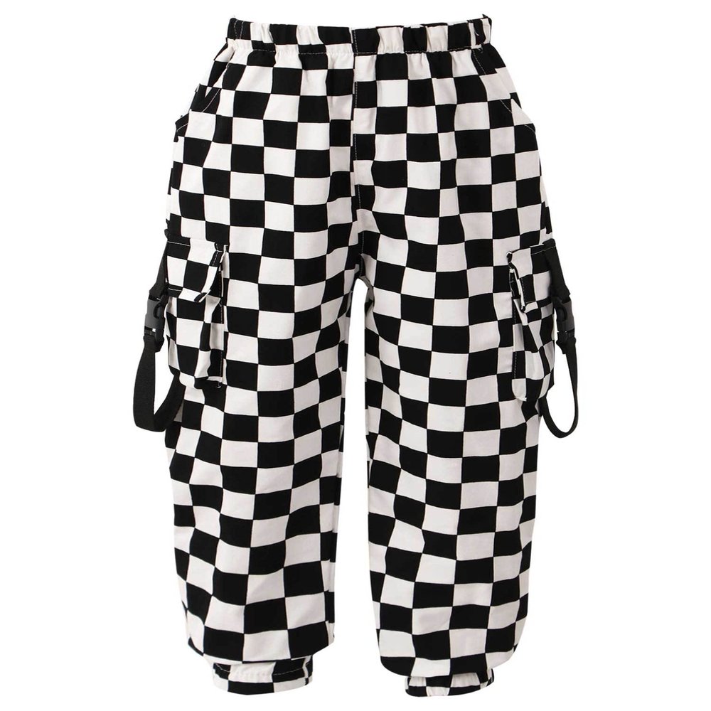 Agoky Kids Girls Stylish Plaid Print Cargo Jogger Pants Hip Hop Jazz Dance Trousers Casual Sport Activewear Streetwear Type B Black 7-8 Years