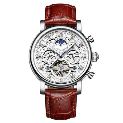 SHATONG Round Automatic Mechanical Movement Men's Watch Multi-dial Waterproof Watch with Leather Strap