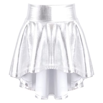FEESHOW Kids Girls Shiny Metallic Mini Pleated Flared Skater Skirt School Athletic Dance Scooter Skort Skirt A Silver 6 Years