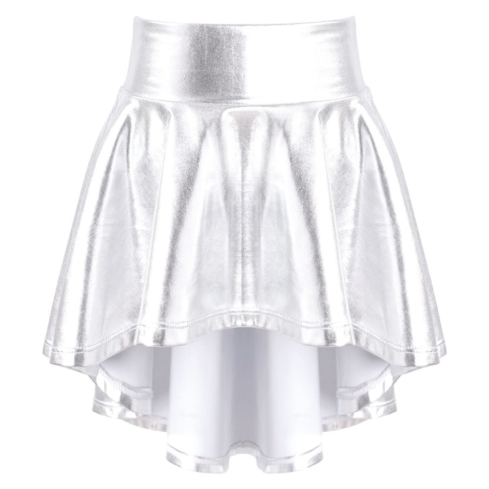 FEESHOW Kids Girls Shiny Metallic Mini Pleated Flared Skater Skirt School Athletic Dance Scooter Skort Skirt A Silver 6 Years