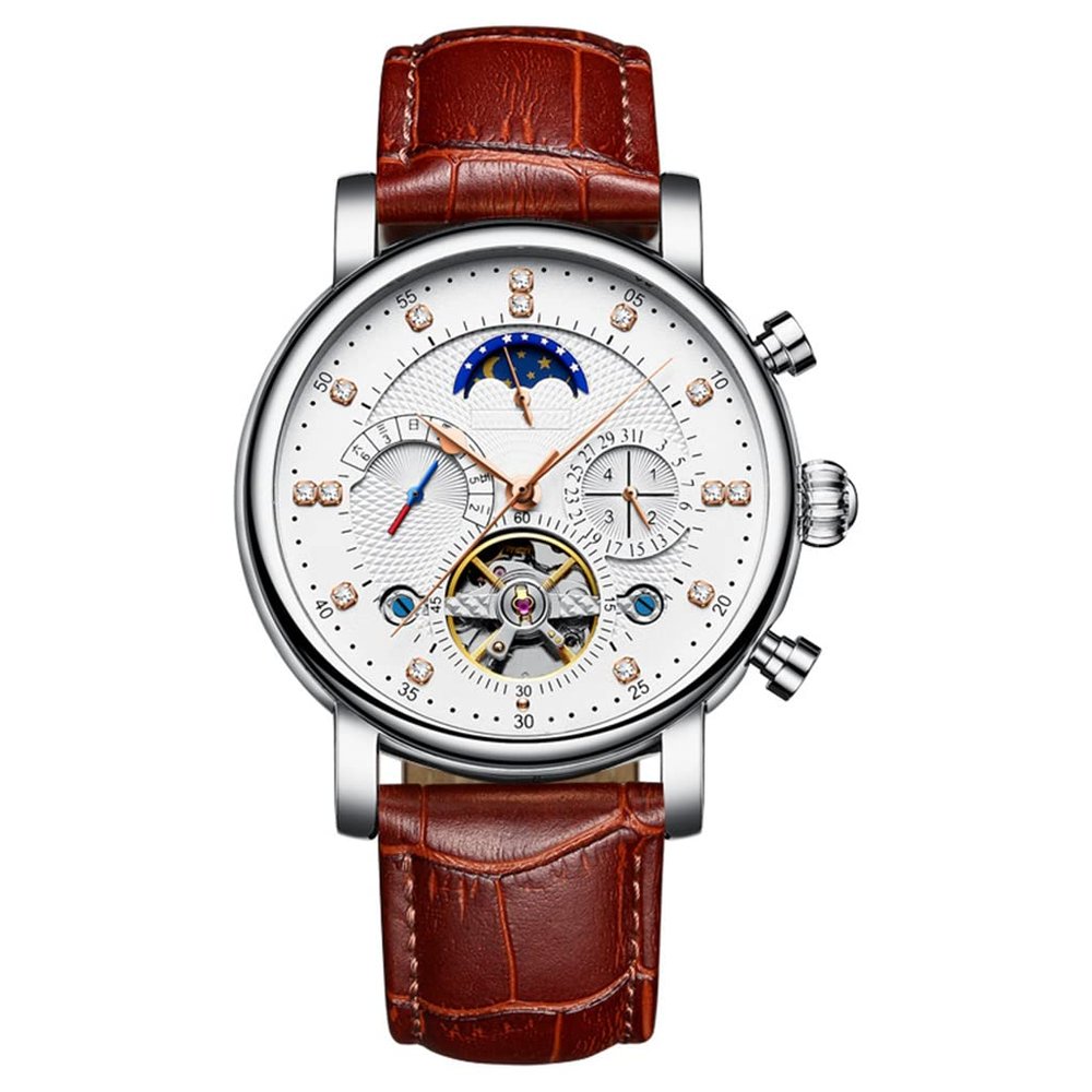 SHATONG Round Automatic Mechanical Movement Men's Watch Multi-dial Waterproof Watch with Leather Strap