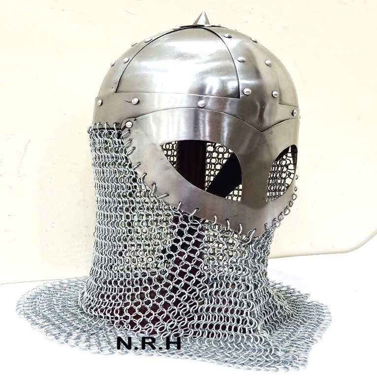 Nautical Replica Hub Viking Helmet with chain mail Medieval W/Wood Stand Valas Guard Armor Costume Halloween Helmet Silver Finish