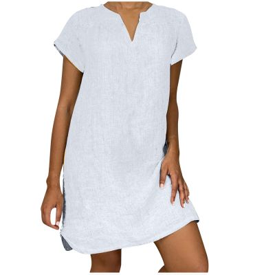 NaRHbrg Women's Linen Tunic Dresses V-Neck Baggy Midi Dress Beach Vacation Solid Plus Size T-Shirt Mini Shift Dress Sundress White