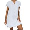 NaRHbrg Women's Linen Tunic Dresses V-Neck Baggy Midi Dress Beach Vacation Solid Plus Size T-Shirt Mini Shift Dress Sundress White view 1